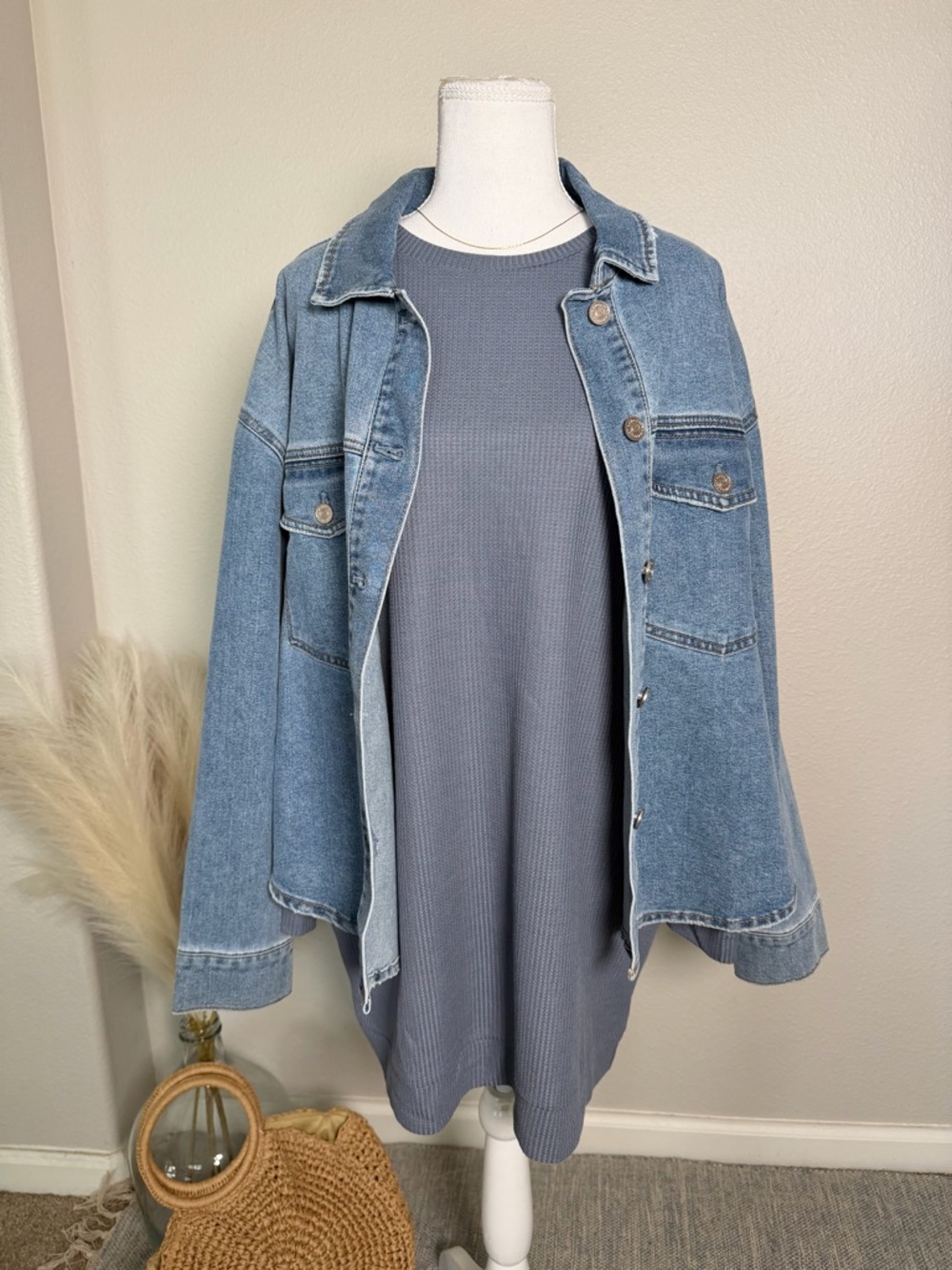 Ninexis - Light Slate Blue Waffle Knit Oversized Tunic
